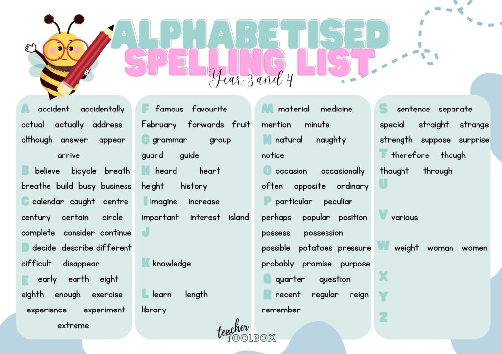 Alphabetised spelling list Year 3 and 4 spellings